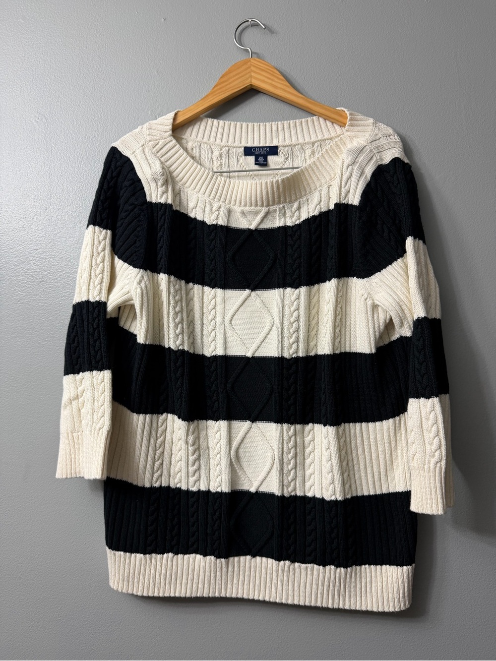 Chaps Black & White Striped Cable-Knit Sweater 2x